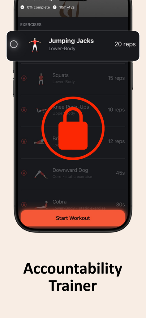 Firefly Workout Habit Trainerのインターフェース、ロックされたエクササイズリストとアカウンタビリティ機能を表示