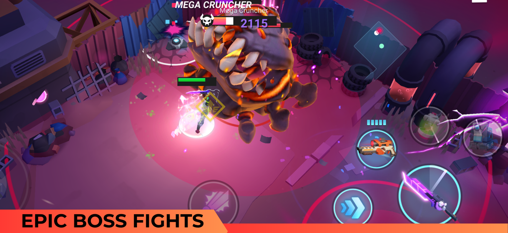 Riftbusters: Action RPG - Gameplay of a player battling a giant alien monster called Mega Cruncher in Riftbusters Action RPG