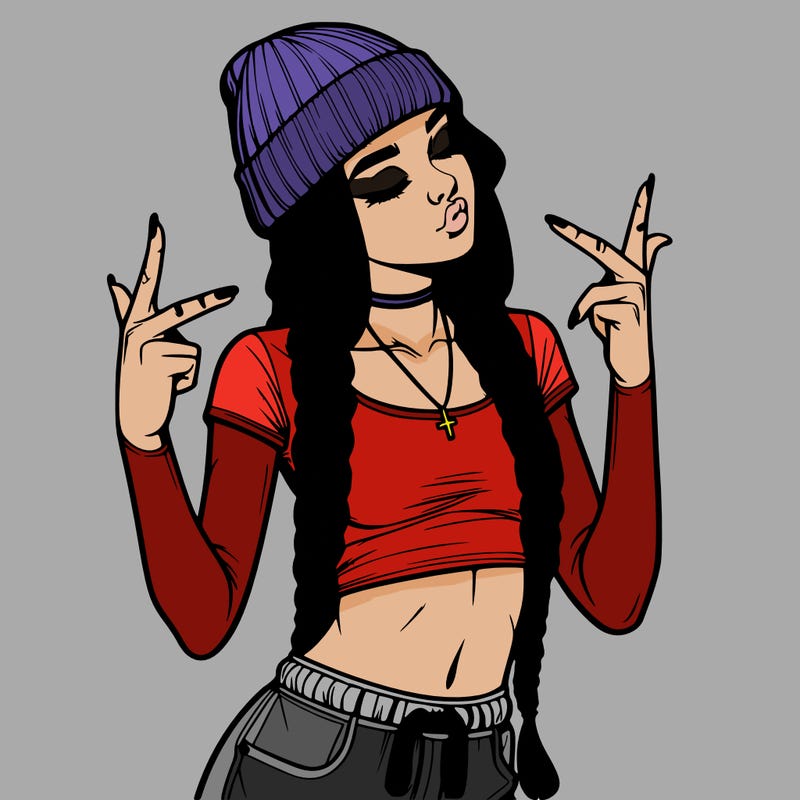 realistic teenage girl with braids and a beanie and crop top doing 🫶🏼