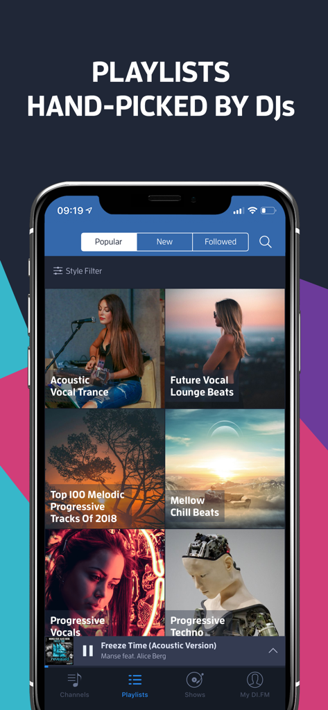 DI.FM app interface showing hand picked electronic music playlists including Progressive Techno and Vocal Trance