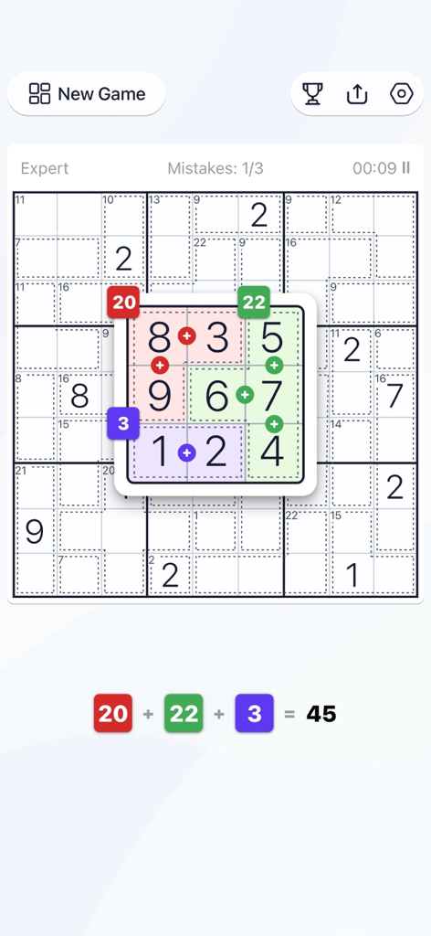 Killer Sudoku - Puzzle Games - Expert level Killer Sudoku game board showing the cage sum logic for a 3x3 block