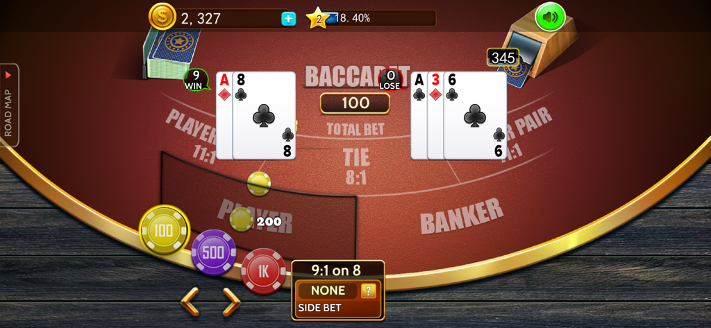Baccarat casino offline card - Baccarat mobile game interface showing a winning player hand against the banker on a red casino table
