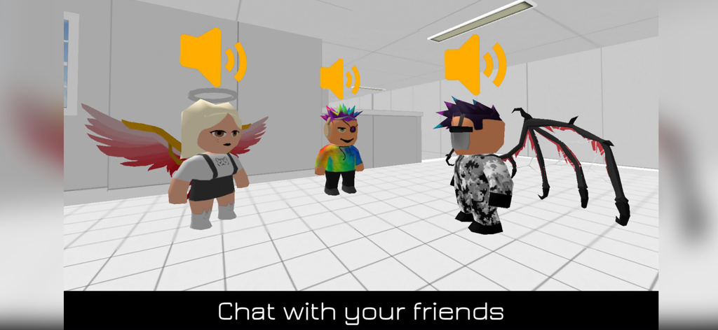 Nextbots Online: Sandbox - Três avatares personalizados interagindo usando o recurso de chat de voz multijogador em Nextbots Online Sandbox.