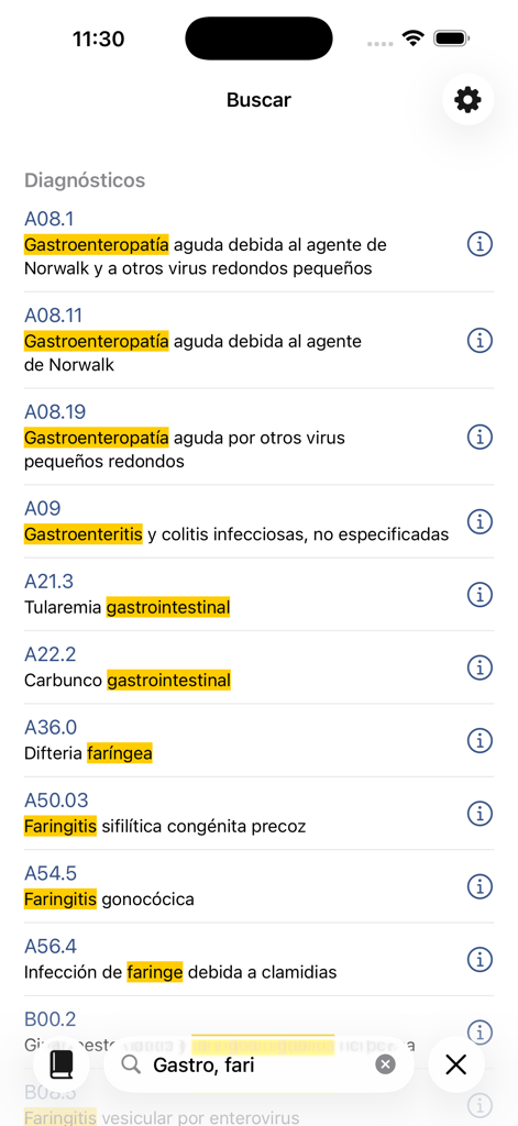 cie10-es - Search interface of the cie10-es app displaying a list of Spanish ICD-10 medical diagnostic codes for gastrointestinal conditions.