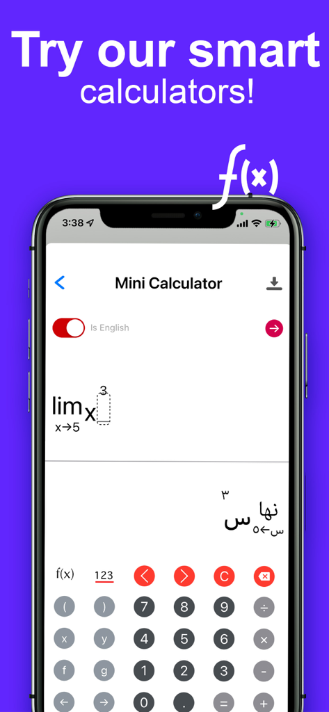 Math Solver Homework helper - Smartphone screen showing a mini calculator interface with a math problem in English and Arabic