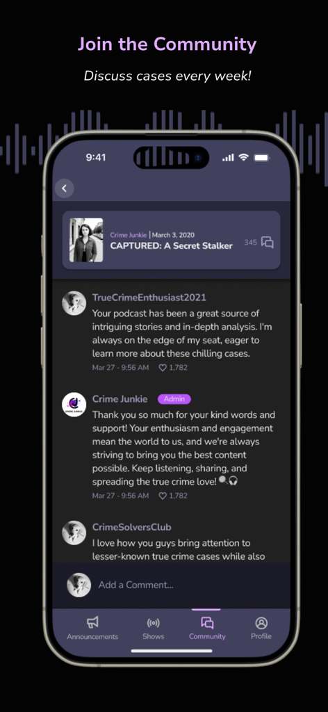 Crime Junkie Fan Club - Crime Junkie Fan Club app community screen showing fan comments and discussion on a true crime episode.