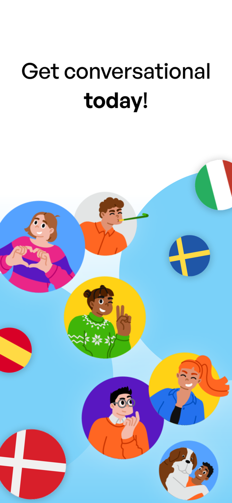 Polyglot: Learn New Languages - Uma tela promocional para o aplicativo Poliglota com avatares de pessoas diversas e várias bandeiras internacionais com o texto Torne-se fluente hoje