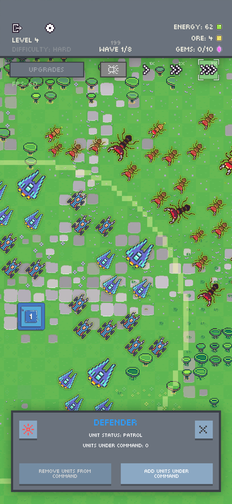 Ants vs Robots - Una pantalla de juego de estrategia de arriba hacia abajo en arte pixelado mostrando unidades de robots azules defendiéndose de hormigas rojas en un campo verde.