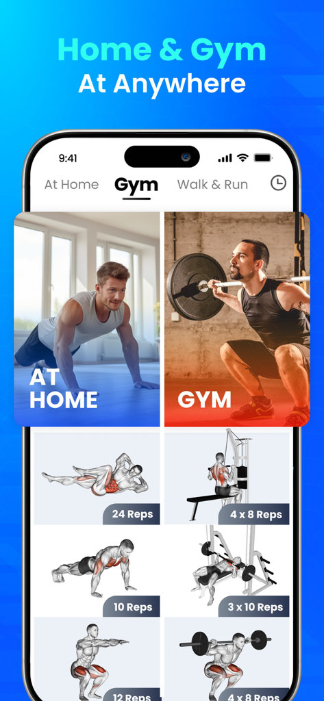 Interface of Home Workout app showing workout routines for home and gym environments with exercise illustrations.