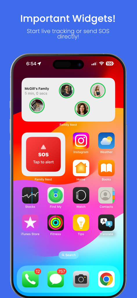 Family Nest locator app widgets on an iPhone home screen featuring a family tracking map and an emergency SOS button