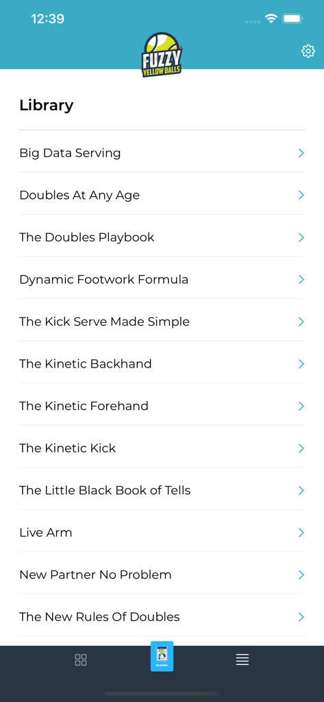 Fuzzy Yellow Balls - Library screen of the Fuzzy Yellow Balls app listing several tennis training books and video programs
