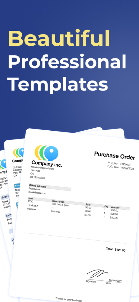Purchase Order PRO - PO Maker - A professional purchase order template showing business details and items on a clean white background