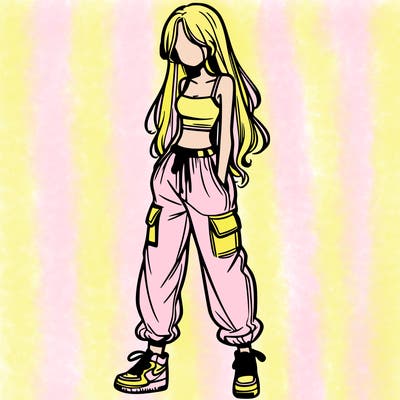 girl in baggy pants crop top and long hair