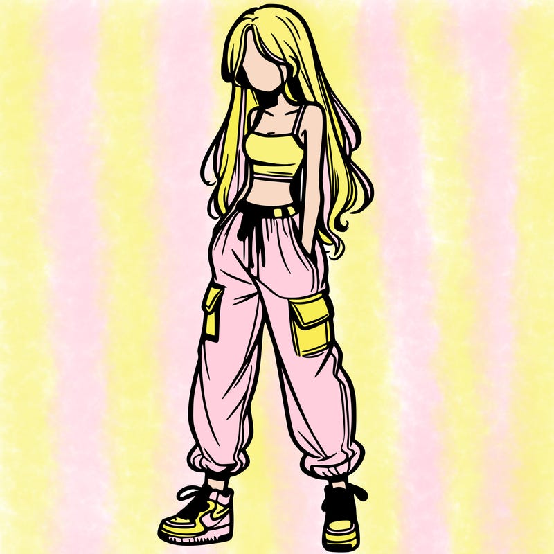 girl in baggy pants crop top and long hair