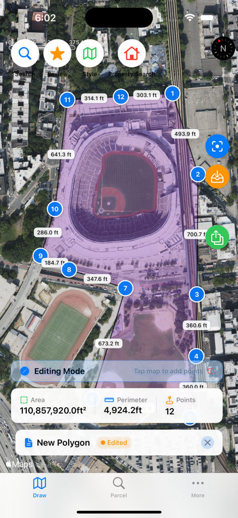 Property Survey GPS - Property Survey GPS app displaying land area and perimeter measurements on a satellite map view of a stadium property.