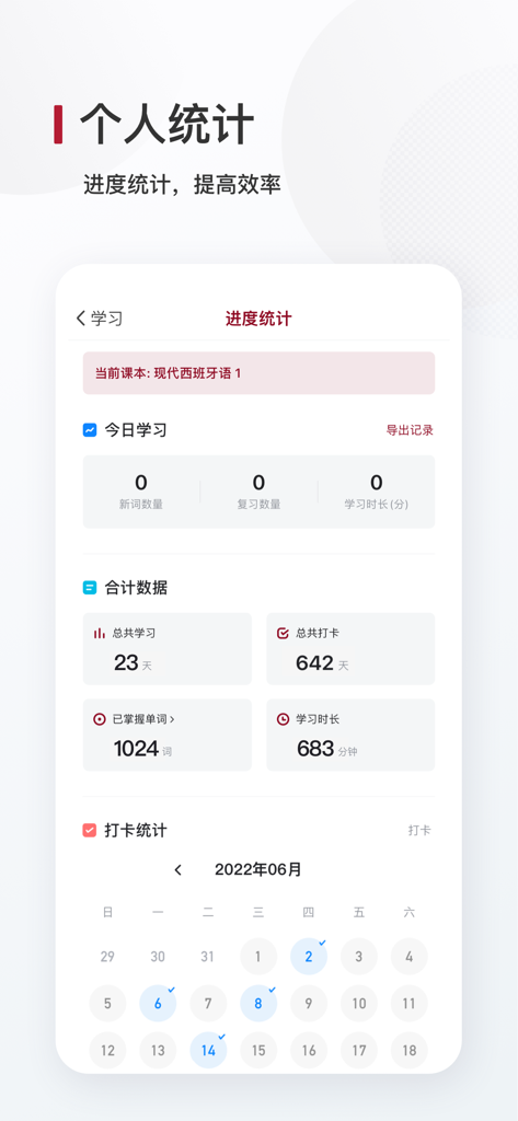 Personal statistics dashboard of a Spanish learning app showing vocabulary progress and study calendar
