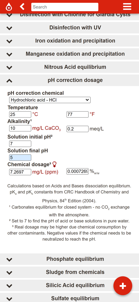 Interface de l'application Plutocalc Water affichant un solveur de dosage de correction du pH pour l'acide chlorhydrique avec entrées de température et d'alcalinité