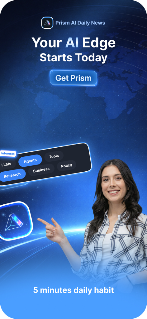 Prism: AI News Digest - Écran de l'application mobile Prism AI News Digest avec diverses catégories d'intérêt sur l'IA et une femme pointant vers le logo