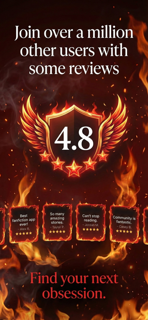 Reseñas de usuarios de la aplicación AOE Fanfiction y calificación de 4.8 estrellas sobre un fondo ardiente