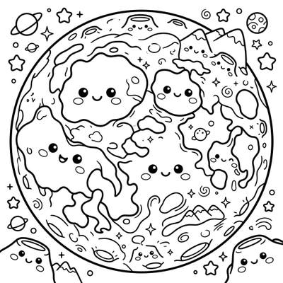 Embark on a delightful space adventure with our Kawaii Lunar Maria coloring page, featuring the Moon's famous plains as friendly, smiling faces. This enchanting design, complete with starry backgrounds and tiny planets, promises hours of creative fun for all ages.