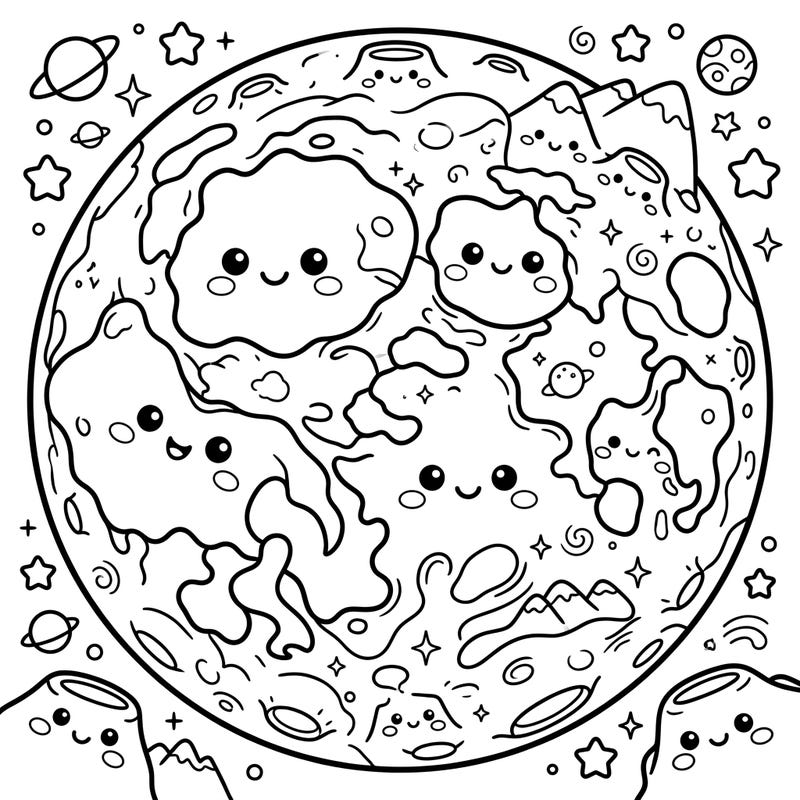 Embark on a delightful space adventure with our Kawaii Lunar Maria coloring page, featuring the Moon's famous plains as friendly, smiling faces. This enchanting design, complete with starry backgrounds and tiny planets, promises hours of creative fun for all ages.