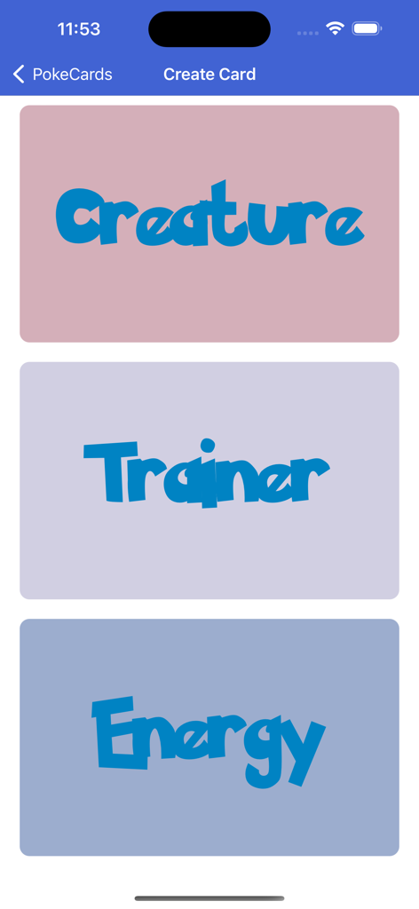 PokeCards TCG Card Maker Live - Menu screen in the PokeCards app showing options to create Creature Trainer or Energy cards