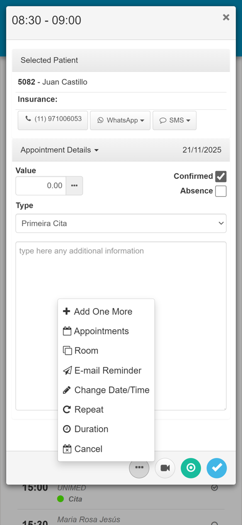 Consultorio.me - Consultorio.me mobile app interface showing patient appointment details and management menu