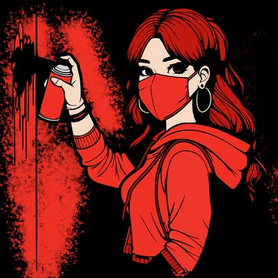 realistic girl with mask spray painting a wall