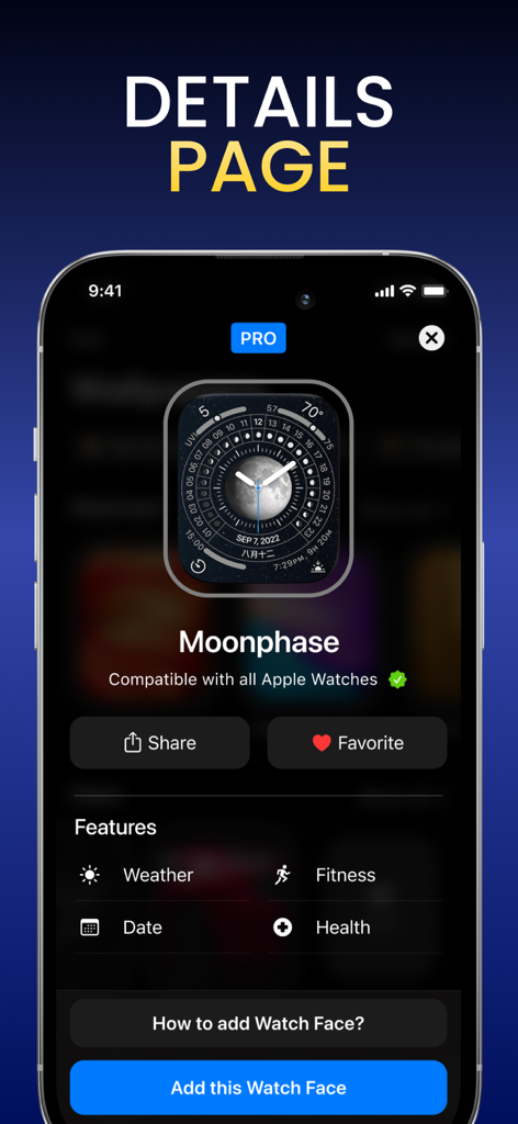 Watch Faces & Widget Gallery - Página de detalhes para um design de mostrador de Lua com complicações de clima e fitness