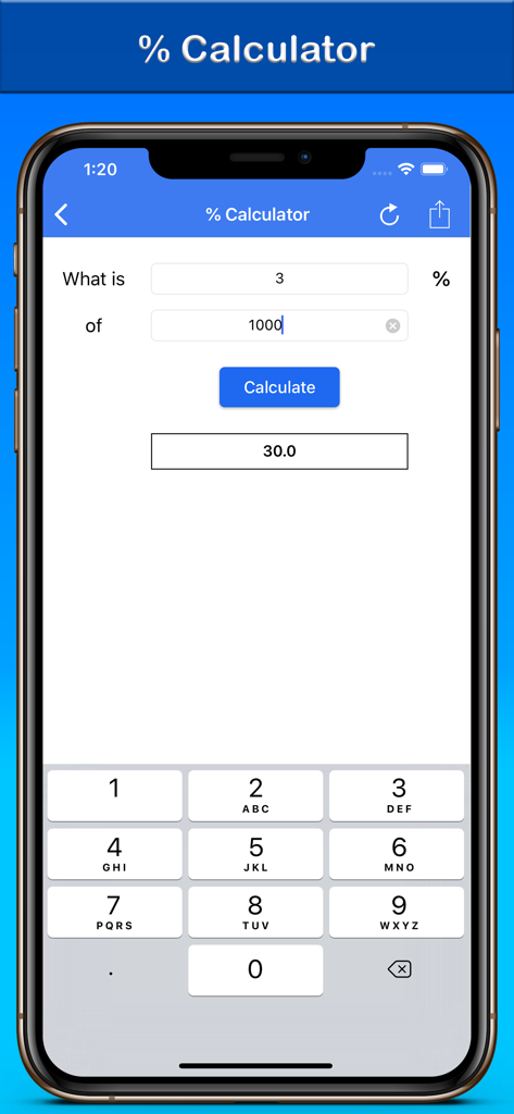 % Percentage Calculator - Mobile app interface of Percentage Calculator showing a calculation for 3 percent of 1000