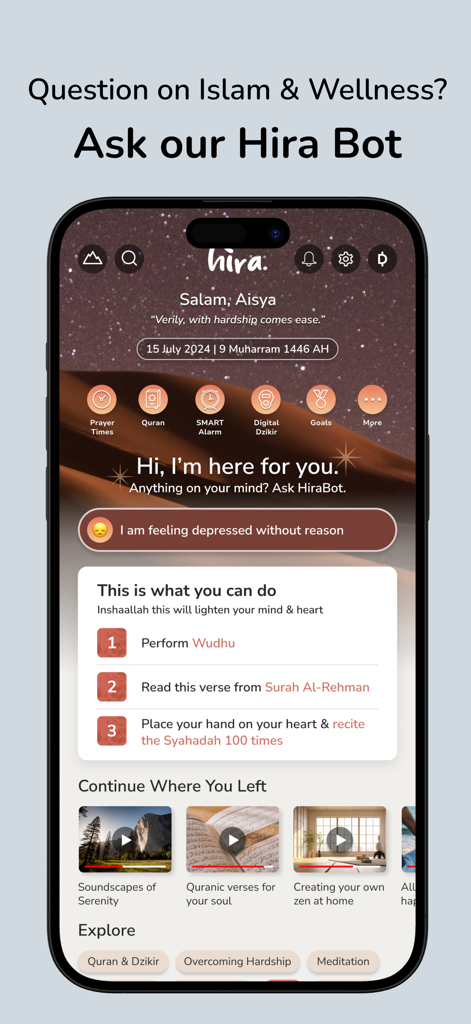 MuslimHira: MentalHealth|Quran - MuslimHira app interface showing the Hira Bot AI chatbot providing faith-based mental health support and spiritual guidance.