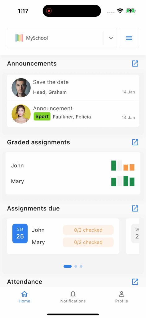 MySchool - Parents & Students - Pantalla de inicio de la aplicación MySchool que muestra anuncios escolares y progreso de tareas para estudiantes.
