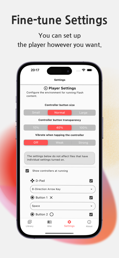 Tela de configurações do aplicativo FlashArch Player mostrando opções de personalização do controle do jogo