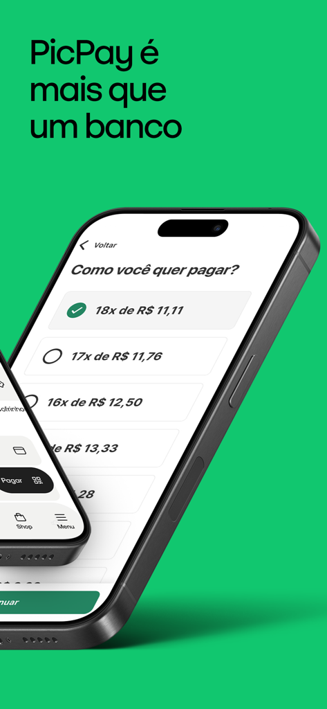 Tela de smartphone mostrando o aplicativo PicPay com opções flexíveis de pagamento parcelado para contas em Reais brasileiros