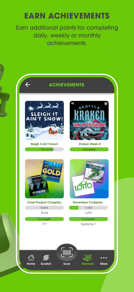 Washington's Lottery app screen showing various achievement challenges and progress bars for the My Lottery 360 rewards program.