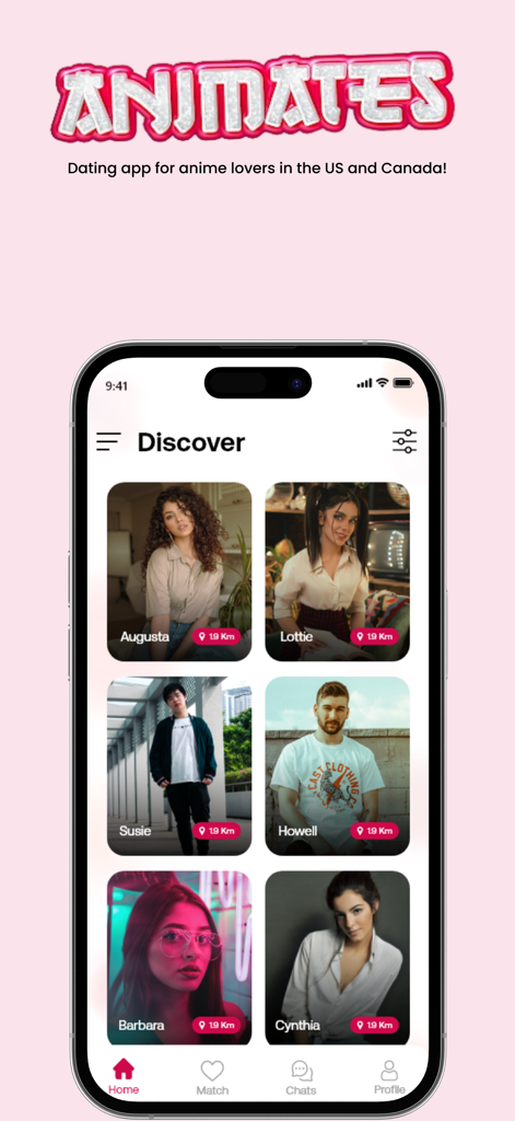 Discover screen of the Animates dating app showing user profiles and distances for anime lovers.