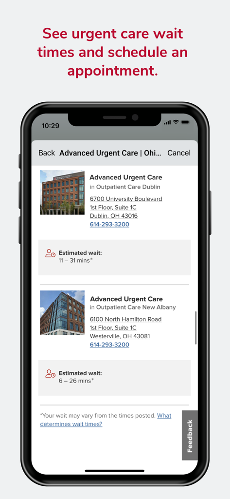Ohio State MyHealth app screen showing urgent care locations and estimated wait times