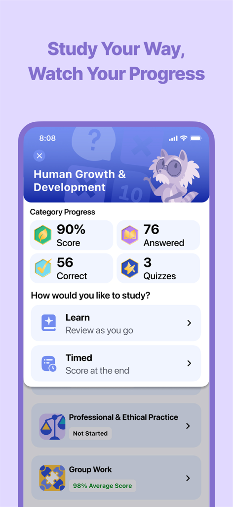 NCE Exam Prep 2026 | EZPrep - Dashboard der NCE Exam Prep App mit Lernfortschritt und Kategorienpunktzahlen.