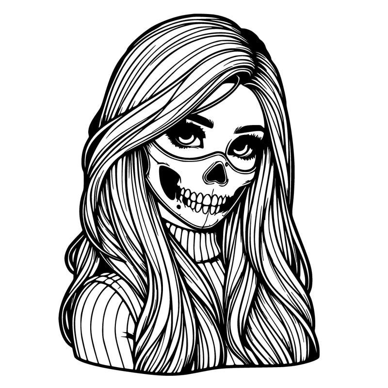 realistic girl with long hair and skull mask