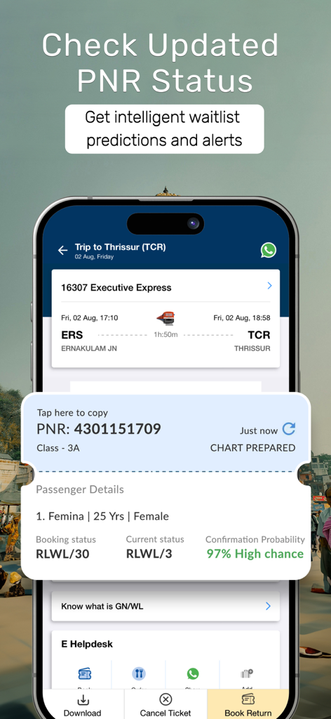 RailYatri app screen showing train PNR status and confirmation probability prediction