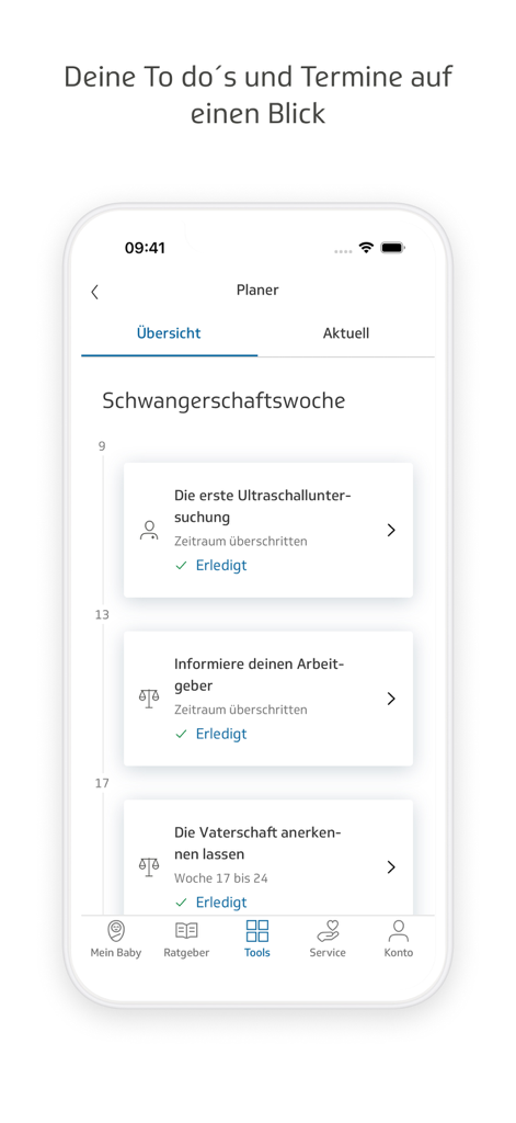 Oberfläche der TK-BabyZeit App mit einer Schwangerschafts-Checkliste mit nach Wochen geordneten Aufgaben