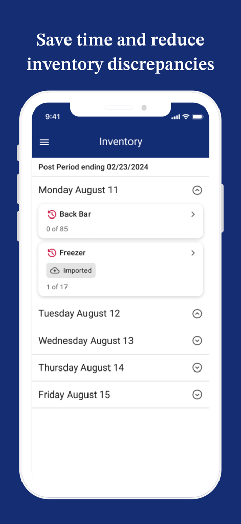 Crunchtime Inventory - Crunchtime Inventory app displaying a list of daily inventory tasks for restaurant storage areas.