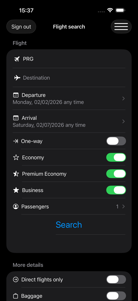 AirTickets: Quick Booking - Interface de busca de voos do aplicativo móvel AirTickets com seleção de classe de cabine e data em modo escuro