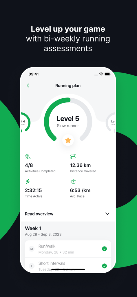 Joggo - Run Tracker & Coach - Joggo app dashboard showing running plan progress including level distance and activity stats