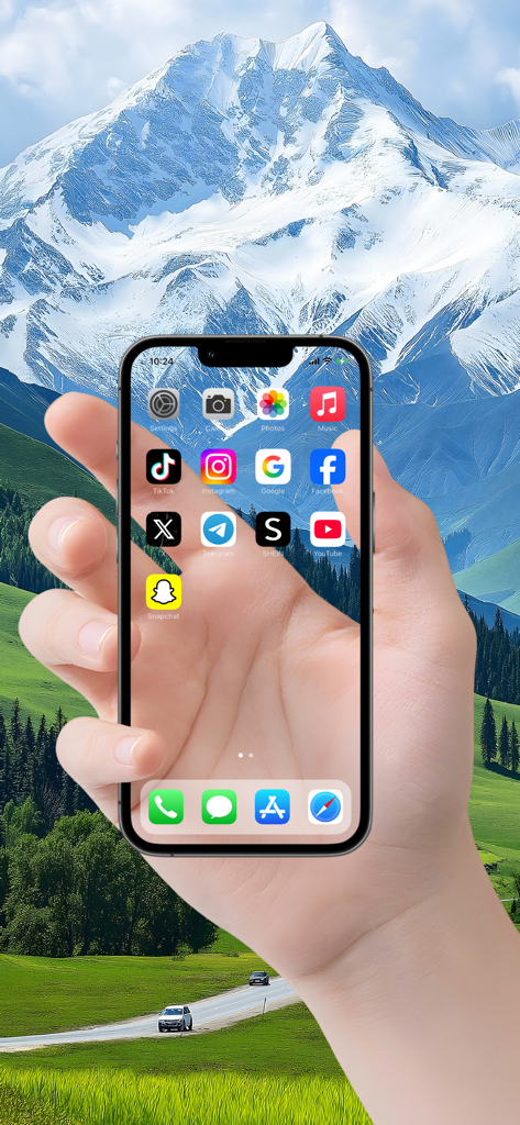 GlassPhone - Transparen Phone - Una mano sosteniendo un smartphone con un efecto de pantalla transparente mostrando la palma detrás de los iconos de la aplicación