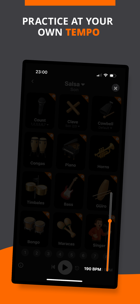 Salsa Rhythms - BeatLab - Interface of Salsa Rhythms app showing adjustable BPM control and instrument icons for practice