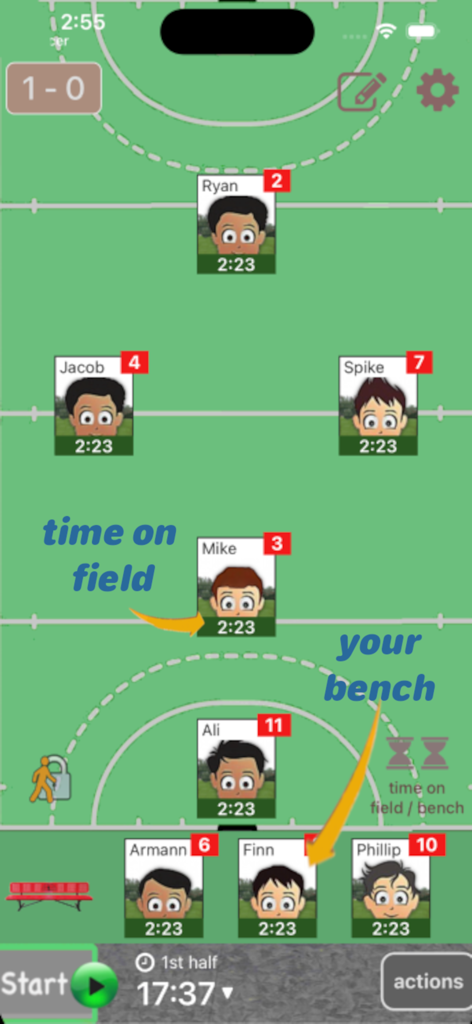 Who's On - Field Hockey - Interfaz de la aplicación móvil para rastrear las posiciones de los jugadores de hockey sobre césped y las sustituciones desde el banquillo