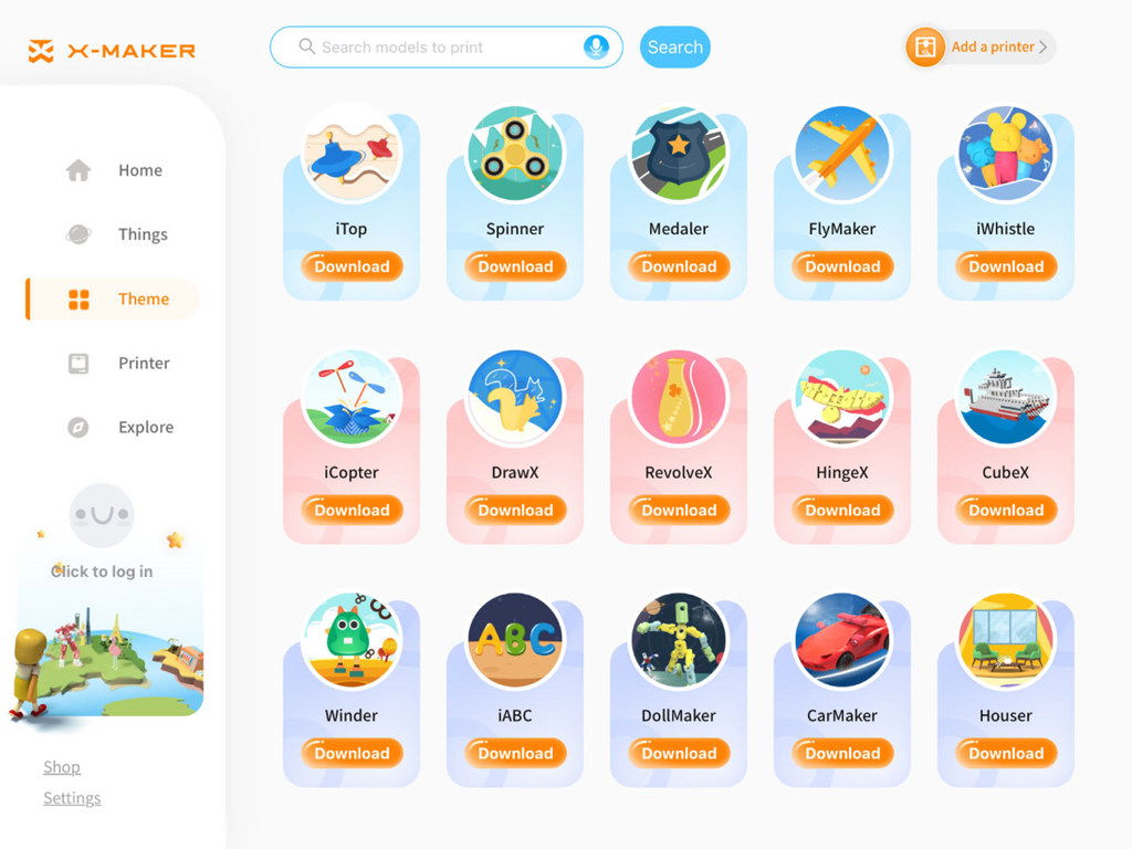 XMAKER HD - XMAKER HD app interface showing a grid of 3D printable toy models for kids