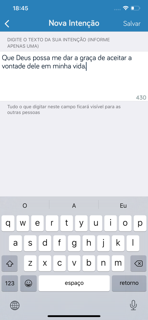 Interface of the Pocket Terco app showing a user typing a prayer intention on a mobile screen