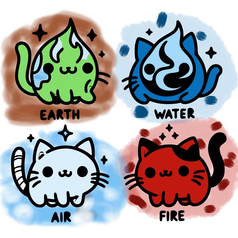 4 cats that represent the different elements, earth, water, air, and fire